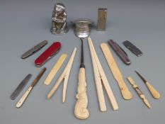 Kings and Queens of England penknife, Swiss pocket knife, ivory and bone button hooks,