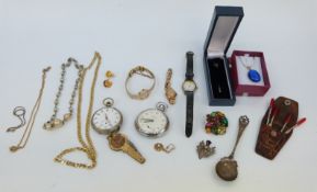 Smiths pocket watch, hallmarked silver Scottish brooch and spoon, further watches,