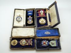 Four hallmarked silver and enamel Masonic jewels / medals, lodges include St Mowdens 4850,