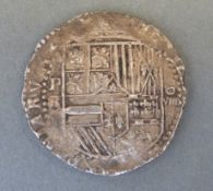 Spanish colonial silver hammered 8 Reale cob coin, Jerusalem cross,