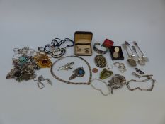 A collection of silver jewellery etc including necklaces, Alpaca brooch,