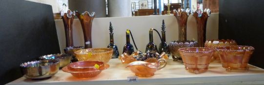 Nineteen pieces of Carnival glass and five strings of Carnival glass beads,