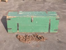 A painted pine antique chest together with a lifting chain,