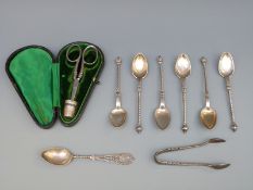 A set of six Danish white metal spoons, hallmarked silver tongs and similar spoon,