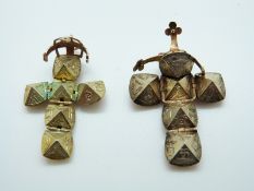 A yellow metal Masonic ball opening to reveal Masonic symbols and a similar silver gilt example