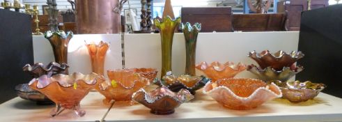 Nineteen pieces of Carnival glass including opalescent Dugan Cherry bowl, Dugan Double Stem Rose,