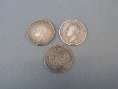 George III 1824 shilling together with two George IV 1826 examples,