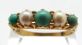 An 18ct gold ring set with alternating pearls and turquoise, size W, 5.