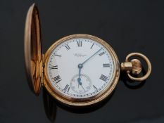 Waltham gold plated keyless winding full hunter pocket watch with black Roman numerals,