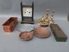 Huntley and Palmer biscuit tin, brass blotter, brass candlesticks,