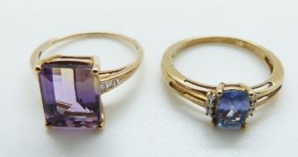 A 9ct gold ring set with an amethyst and diamonds and a 9ct gold ring set with tanzanite and