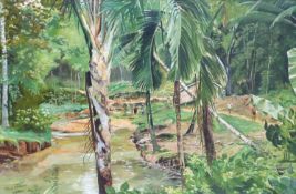 Stan Cotterell acrylic on canvas 'Jungle Clearing in Borneo', signed lower left,