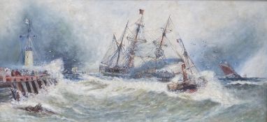 Unsigned oil on board of ships coming past the breakwater in heavy seas,