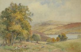 Arthur Netherwood (1864 - 1930) watercolour animals in field with extensive landscape beyond,