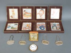 Eight framed and boxed Lucie Attwell prints together with an eight day brass cased Goliath type