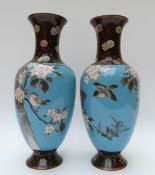 A pair of Chinese pedestal cloisonné vases decorated with birds in prunus blossom,