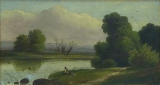 J Morris late 19thC / early 20thC oil on canvas man fishing by a lake,