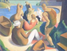 In the manner of Thomas Hart Benton figures by the beach, initialled THB lower left,