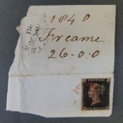 Great Britain 1d black M H on piece with light red Maltese Cross cancellation