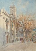 Arthur Netherwood (1864 - 1930) watercolour town hall or similar building with figures in the