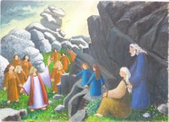 Cecil Riley (1917-201) 'The Enlightened Ones' figures amongst rocks, 76 x 107cm,