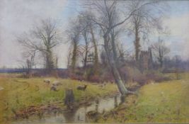 Walter H Goldsmith (1860-1931) watercolour, winter scene of sheep beside a stream,