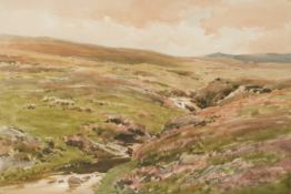 Gerald Ackermann (1876-1960) watercolour stream in a moorland or highland landscape,