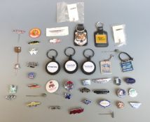 A quantity of motoring interest pin badges, keyrings etc including Foden, Scammell, Morris,