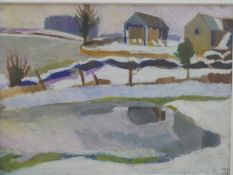 Carolyn White (1945-2013) pastel 'Farm Buildings in Snow, Glos',