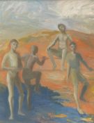 M L Wethered oil on board of boys by a fence, inscribed verso,