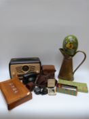 Vintage / retro Ultra radio, Mah Jong set, three cameras, papier mache egg, brass jug, xylophone,