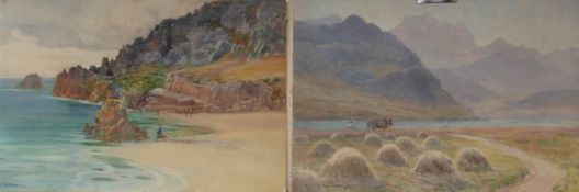 Arthur Netherwood (1864 - 1930) watercolour beach scene with cliffs beyond and highland landscape,