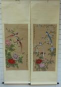 Two Chinese scroll pictures depicting birds & figures with seal mark and Chinese characters