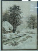 A pair of framed embroideries of landscapes