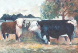 Frank Lambourne oil on board 'The Show Stoppers', cattle at a show, named and titled verso,