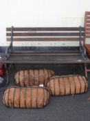 A garden bench with metal ends,