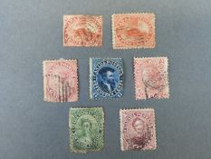 Seven early Canadian stamps including 1851 3d red used with close cut margins SG1