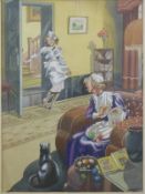 Lee watercolour Art Deco interior scene with lady sewing, signed lower right,