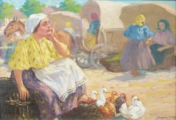 Oil on board of continental market scene, indistinctly signed lower right,