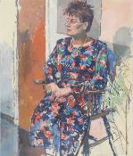 Oil or acrylic on board portrait of a seated lady stamped Roger Bliss studio collection verso,