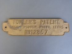 A brass or similar plaque bearing name Fowler's Patent Steam Plough Works Leeds No.