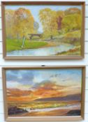 G Dolman pair of acrylics, a landscape and a seascape both signed, and dated 1974,