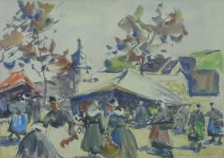 René Le Forestier (1868-1951) watercolour of a French market, inscribed verso Quimper 1950's / 60's,