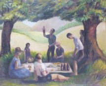 Acrylic on board of group picnicking in the shade of trees,
