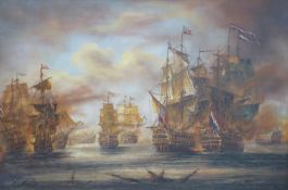 E Phillip oil on canvas of an early 19thC Naval battle between the English and French,