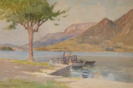 Attributed to Arthur Netherwood (1864 - 1930) watercolour boaters with hills beyond,