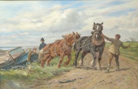 Early 20thC oil on canvas of horses pulling a crashed motor car from a ditch,