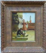 L Cummings oil on board children feeding birds, signed lower left 25 x 19.