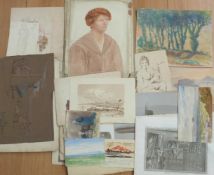A boxed portfolio of mainly 19thC watercolours and engravings, some accomplished,