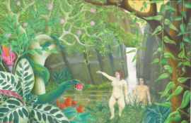 Cecil Riley (1917-2015) oil on board 'Adam and Eve' couple in the Garden of Eden,